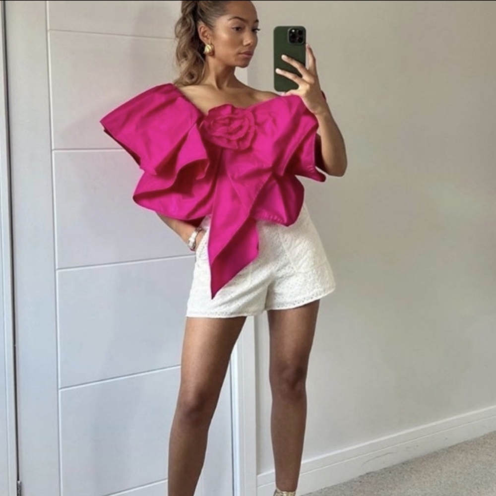 ZARA ASYMMETRIC RUFFLED TOP FUCHSIA FLOWER VOLUMINOUS XS,S NWT